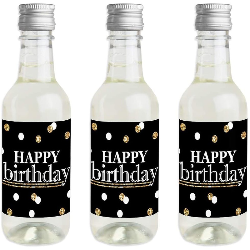 Adult Happy Birthday - Gold - Mini Wine and Champagne Bottle Label Stickers - Birthday Party Favor Gift for Women and Men - Set of 16