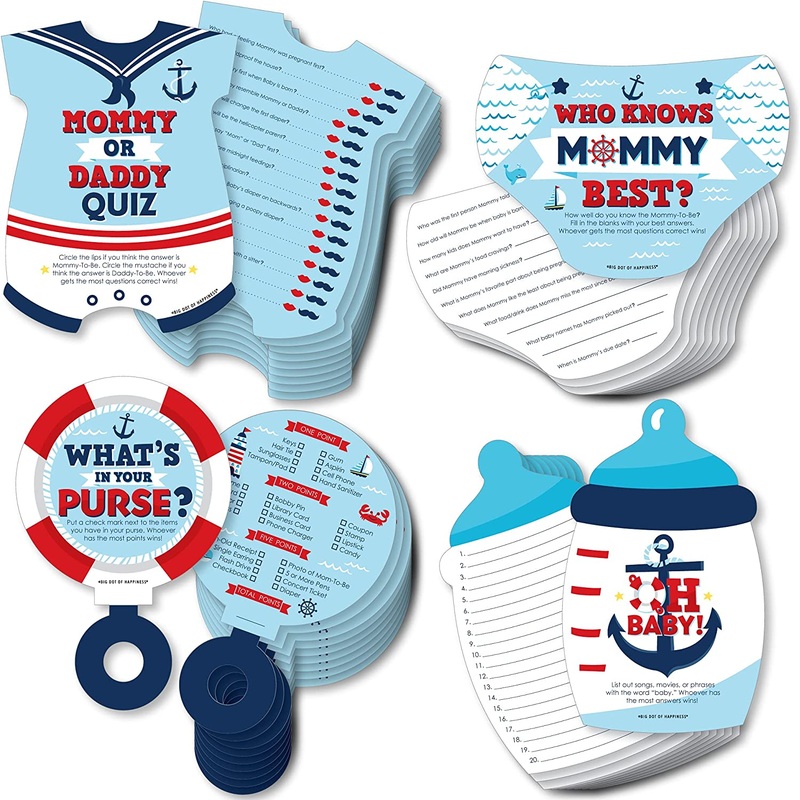 Ahoy Its a Boy - 4 Baby Shower Games - 10 Cards Each - Who Knows Mommy Best, Mommy or Daddy Quiz, Whats in Your Purse and Oh Baby - Gamerific Bundle