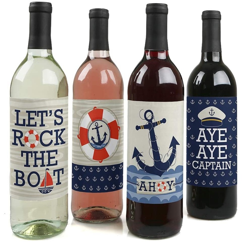 Ahoy - Nautical - Baby Shower or Birthday Party Decorations for Women and Men - Wine Bottle Label Stickers - Set of 4