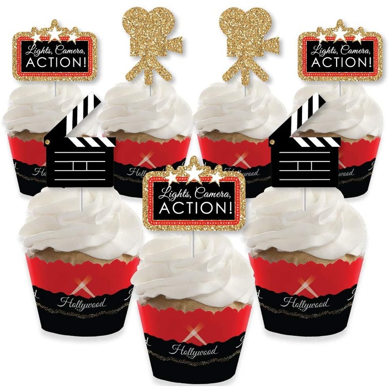 Red Carpet Hollywood - Cupcake Decoration - Movie Night Party Cupcake Wrappers and Treat Picks Kit - Set of 24