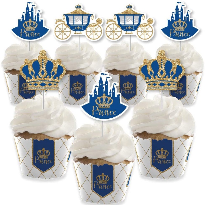 Royal Prince Charming - Cupcake Decoration - Baby Shower or Birthday Party Cupcake Wrappers and Treat Picks Kit - Set of 24
