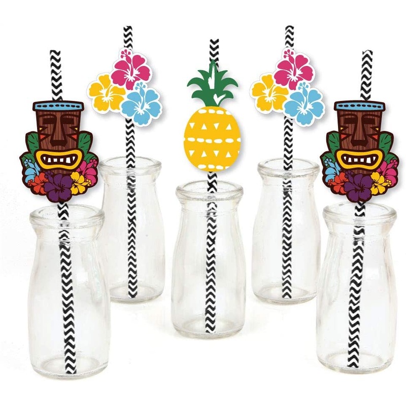 Tiki Luau Paper Straw Decor - Tropical Hawaiian Summer Party Striped Decorative Straws - Set of 24