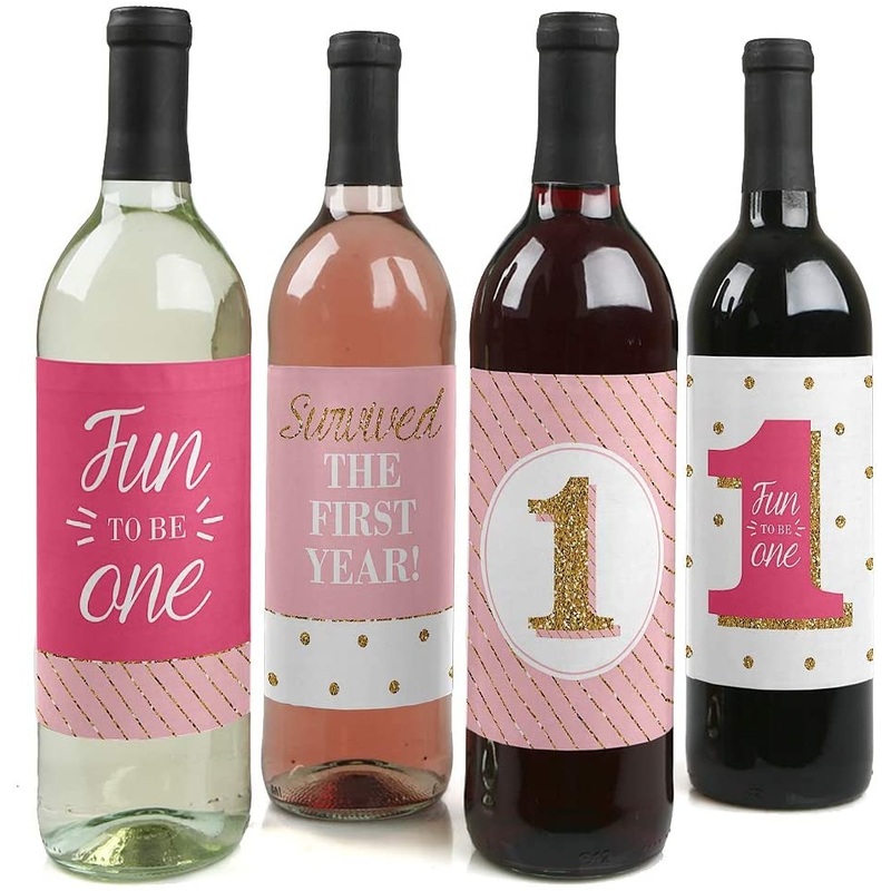 1st Birthday Girl - Fun to be One - First Birthday Party Decorations for Women and Men - Wine Bottle Label Stickers - Set of 4