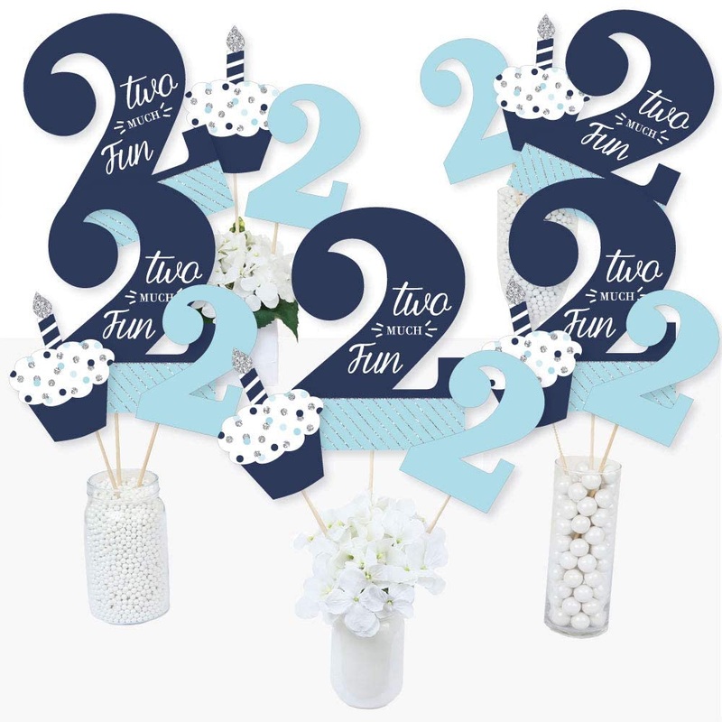 2nd Birthday Boy - Two Much Fun - Second Birthday Party Centerpiece Sticks - Table Toppers - Set of 15