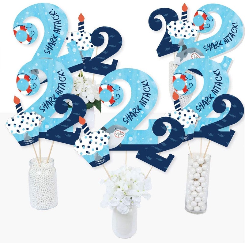 2nd Birthday Shark Zone - Jawsome Shark Second Birthday Party Centerpiece Sticks - Table Toppers - Set of 15