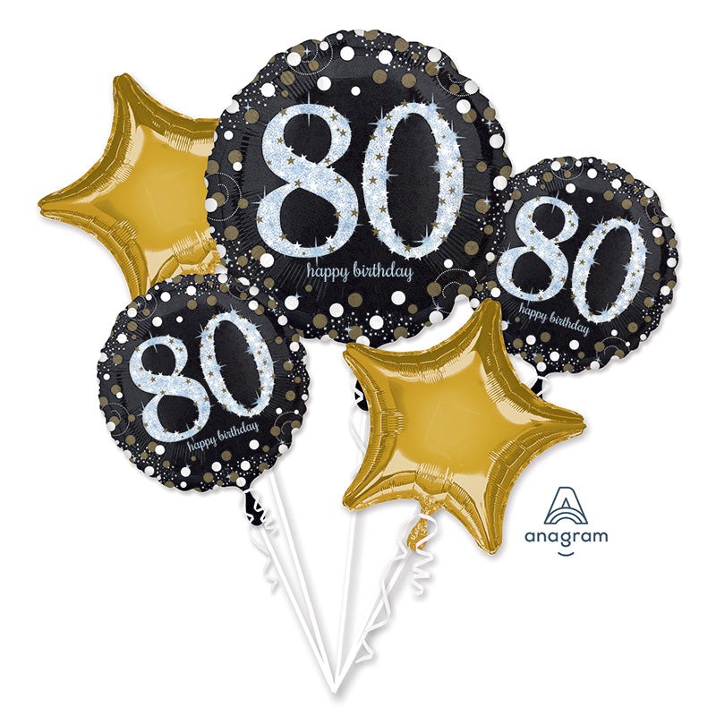 80th Sparkling Fizz Birthday Black & Gold Balloon Bouquet - 5 Balloons - With helium
