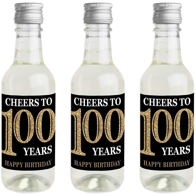Adult 100th Birthday - Gold - Mini Wine and Champagne Bottle Label Stickers - Birthday Party Favor Gift for Women and Men - Set of 16