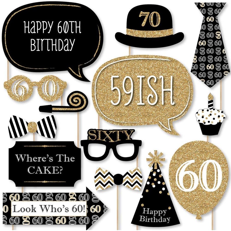 Adult 60th Birthday - Gold - Birthday Party Photo Booth Props Kit - 20 Count