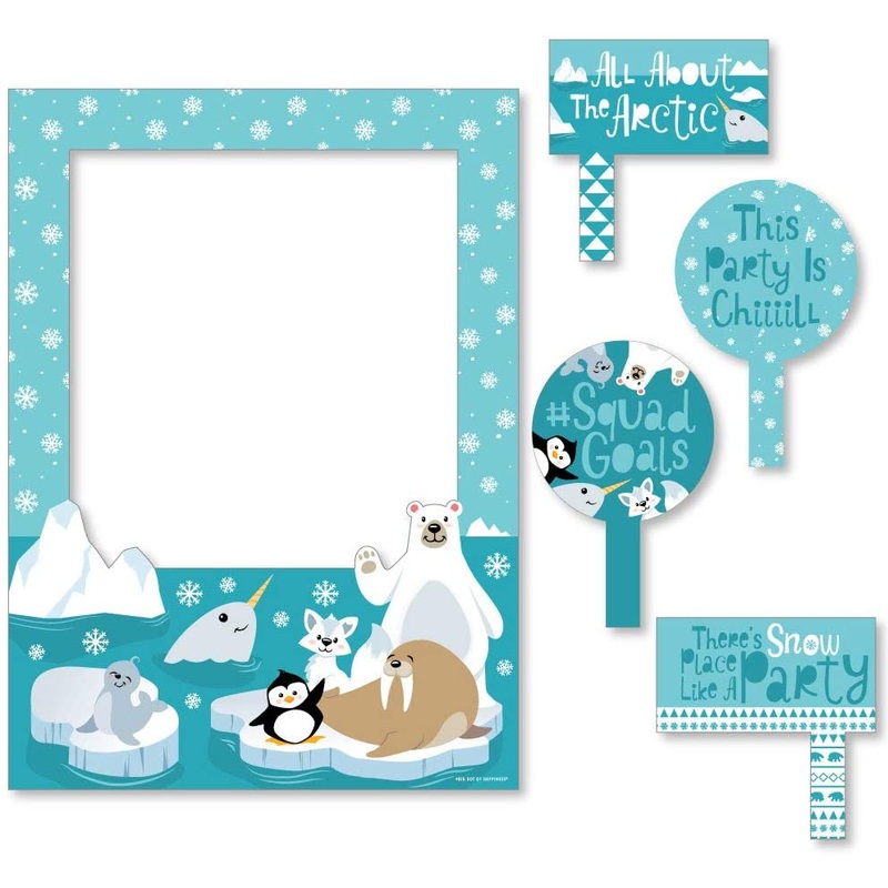 Arctic Polar Animals - Winter Baby Shower or Birthday Party Selfie Photo Booth Picture Frame and Props - Printed on Sturdy Material