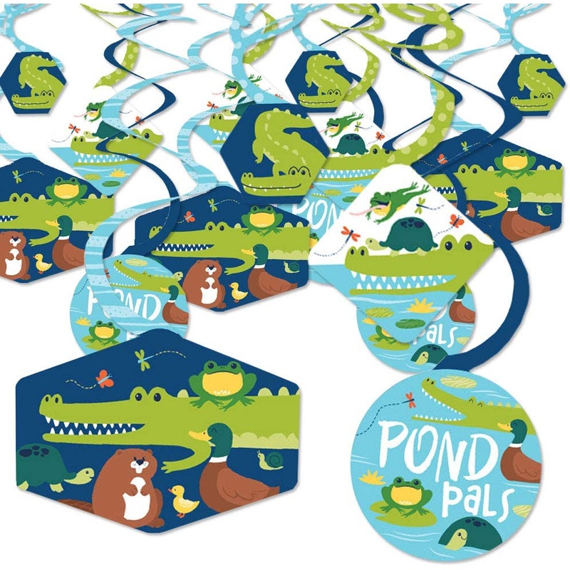 Pond Pals - Frog, Alligator, Turtle, Beaver and Duck Birthday Party or Baby Shower Hanging Decor - Party Decoration Swirls - Set of 40