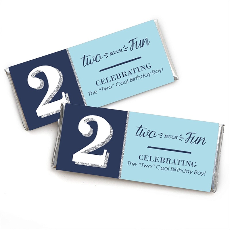 Two Much Fun - Boy - Candy Bar Wrappers 2nd Birthday Party Favors - Set of 24