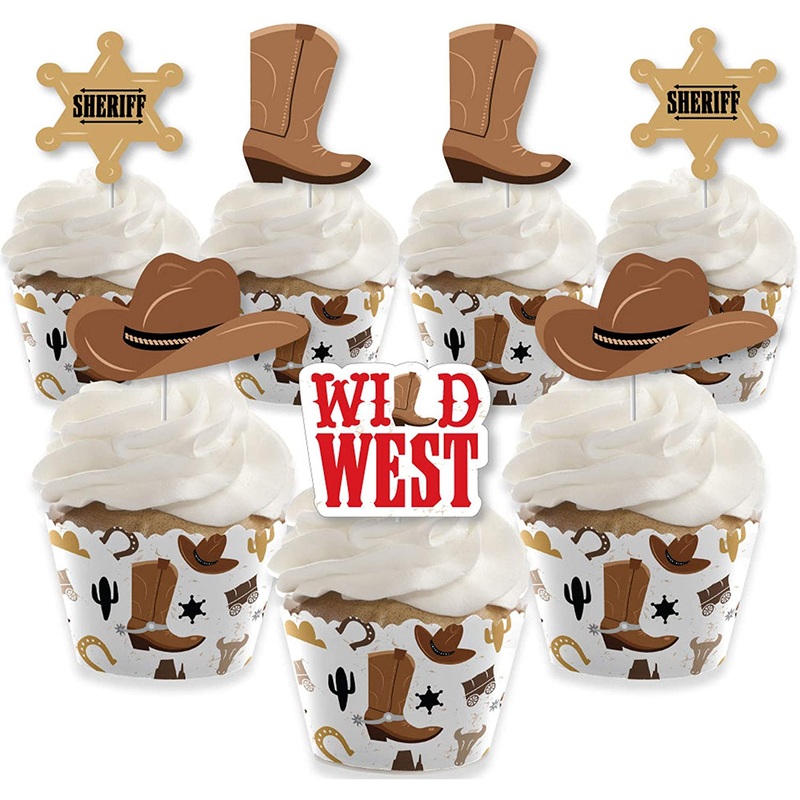 Western Hoedown - Cupcake Decoration - Wild West Cowboy Party Cupcake Wrappers and Treat Picks Kit - Set of 24
