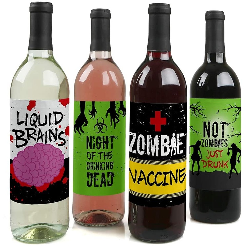Zombie Zone - Halloween or Birthday Zombie Crawl Party Decorations for Women and Men - Wine Bottle Label Stickers - Set of 4