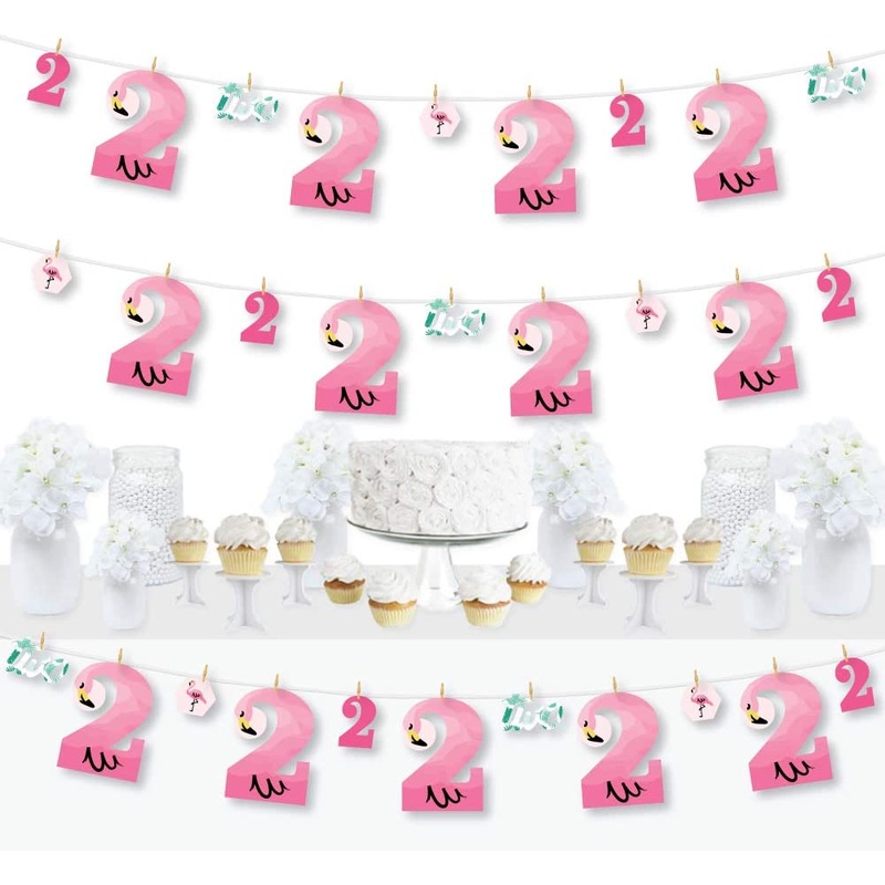 2nd Birthday Pink Flamingo - Second Birthday Party DIY Decorations - Clothespin Garland Banner - 44 Pieces