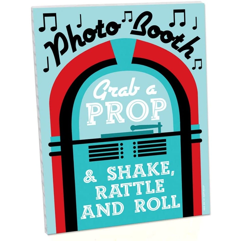 50s Sock Hop Photo Booth Sign - 1950s Rock N Roll Party Decorations - Printed on Sturdy Plastic Material - 10.5 x 13.75 inches - Sign with Stand - 1 Piece