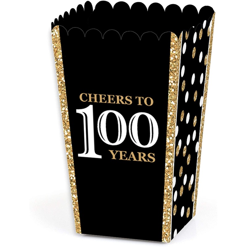 Adult 100th Birthday - Gold - Birthday Party Favor Popcorn Treat Boxes - Set of 12