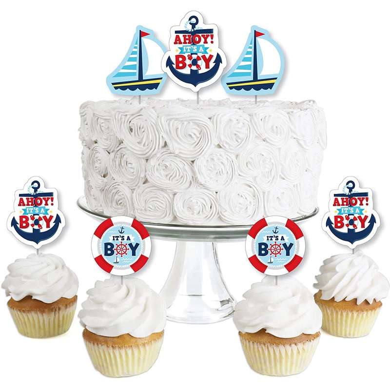 Ahoy Its a Boy - Dessert Cupcake Toppers - Nautical Baby Shower Clear Treat Picks - Set of 24