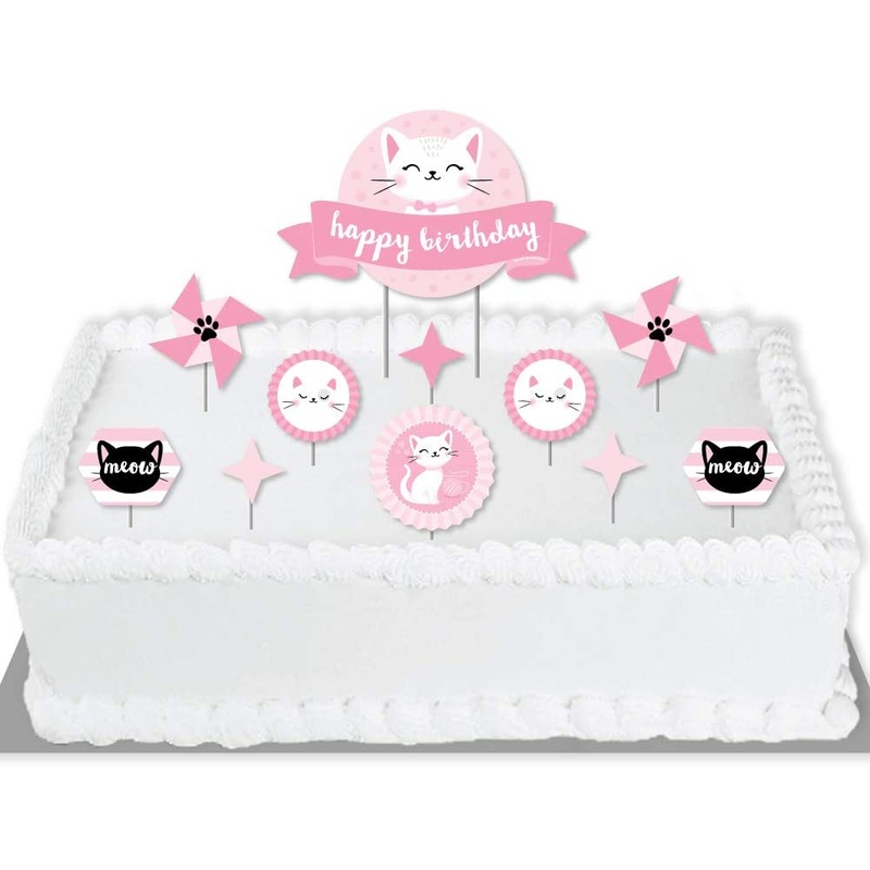 Purr-fect Kitty Cat - Kitten Meow Birthday Party Cake Decorating Kit - Happy Birthday Cake Topper Set - 11 Pieces