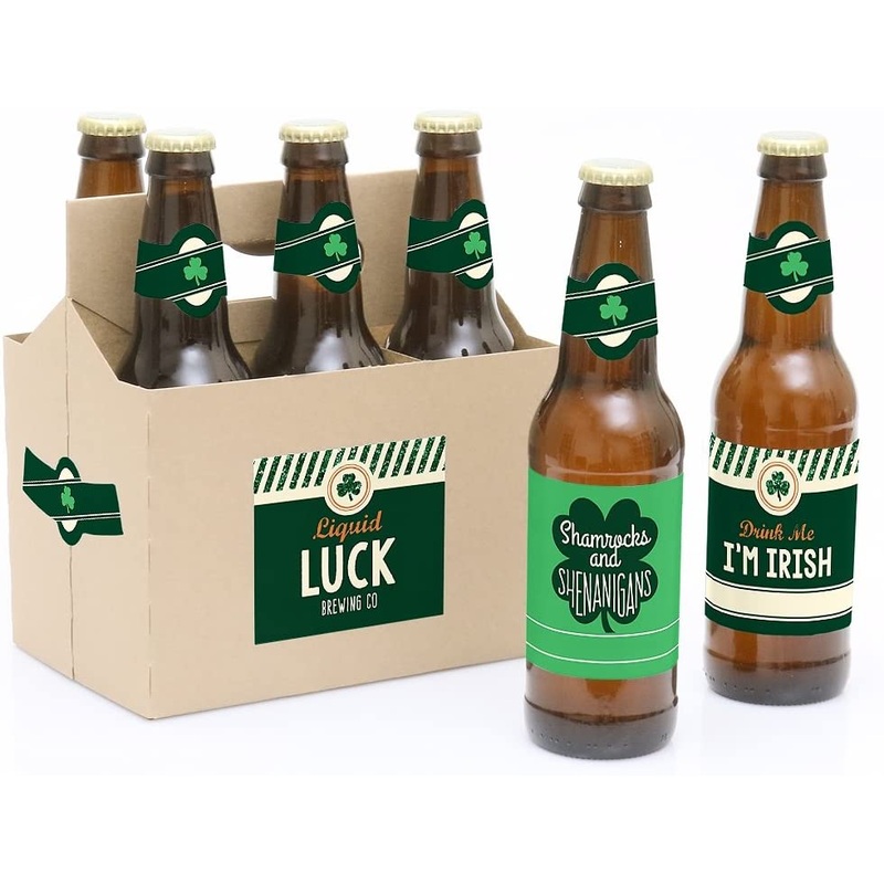 St. Patrick's Day - Saint Patty's Day Decorations for Women and Men - 6 Beer Bottle Label Stickers and 1 Carrier