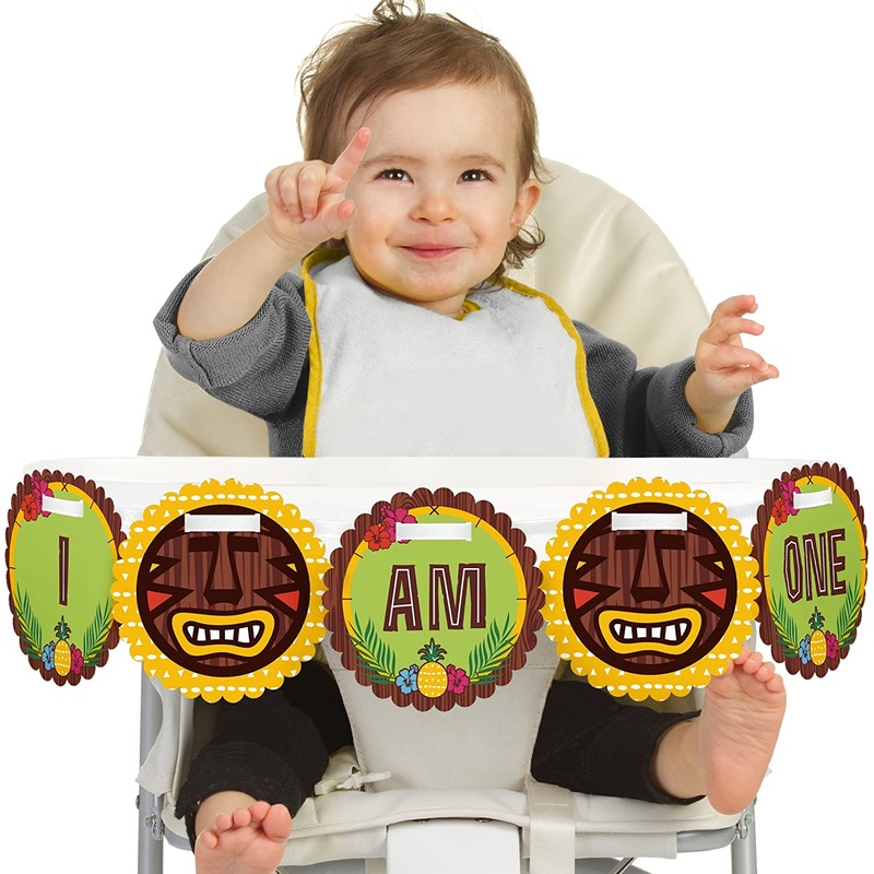 Tiki Luau 1rst Birthday Highchair Decor - I Am One - First Tropical Hawaiian Summer Birthday High Chair Banner