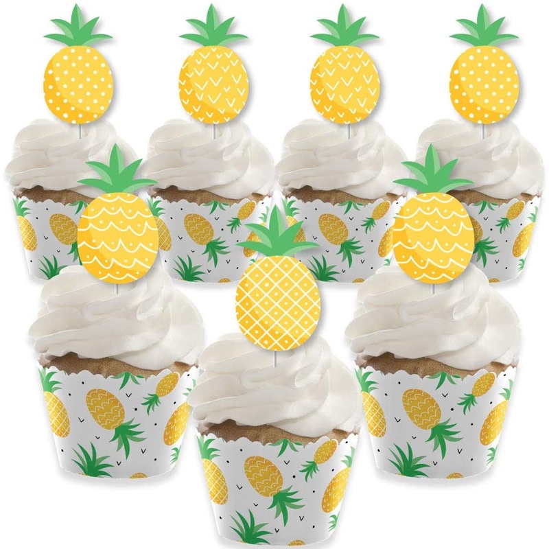 Tropical Pineapple - Cupcake Decoration - Summer Party Cupcake Wrappers and Treat Picks Kit - Set of 24