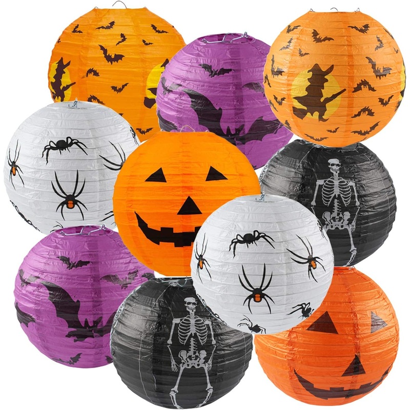 10PCS Halloween Paper Lanterns, Hanging Jack-O'-Lantern Spider Skeleton Pumpkin