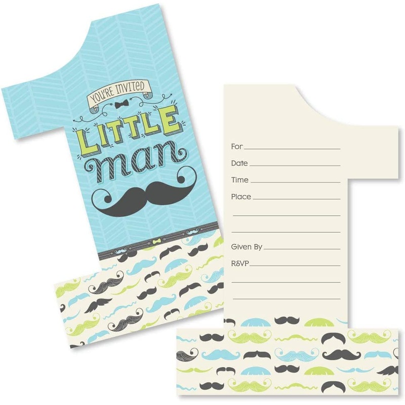 1st Birthday Dashing Little Man Mustache Party - Shaped Fill-In Invitations - First Birthday Party Invitation Cards with Envelopes - Set of 12