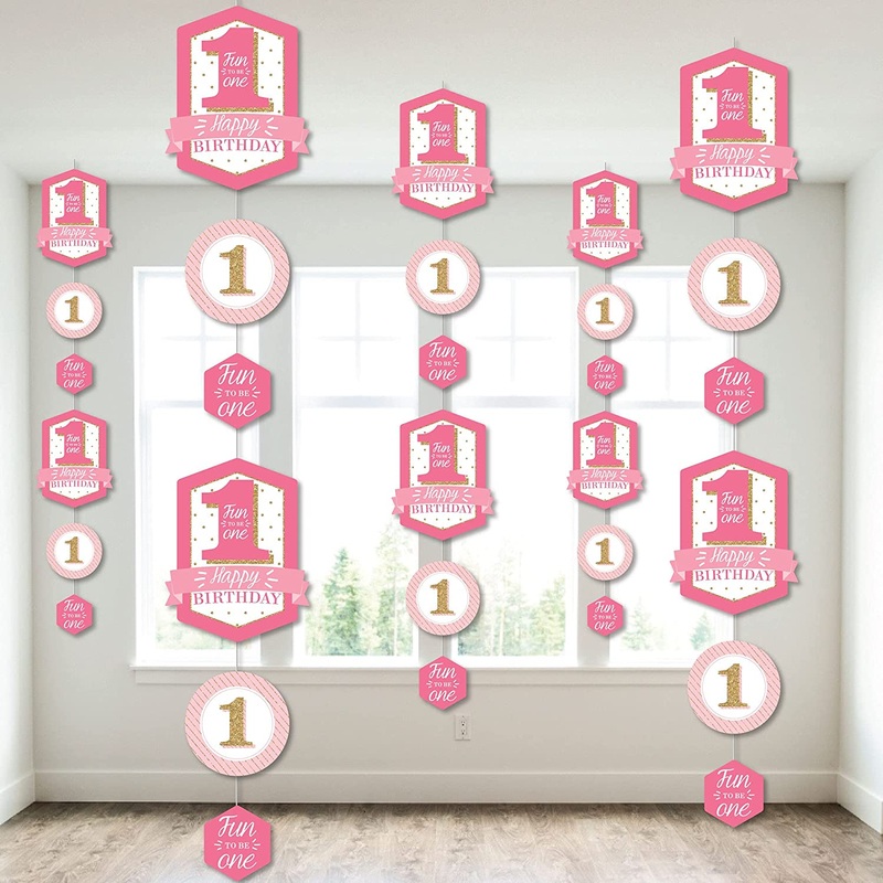 1st Birthday Girl - Fun to be One - First Birthday Party DIY Dangler Backdrop - Hanging Vertical Decorations - 30 Pieces