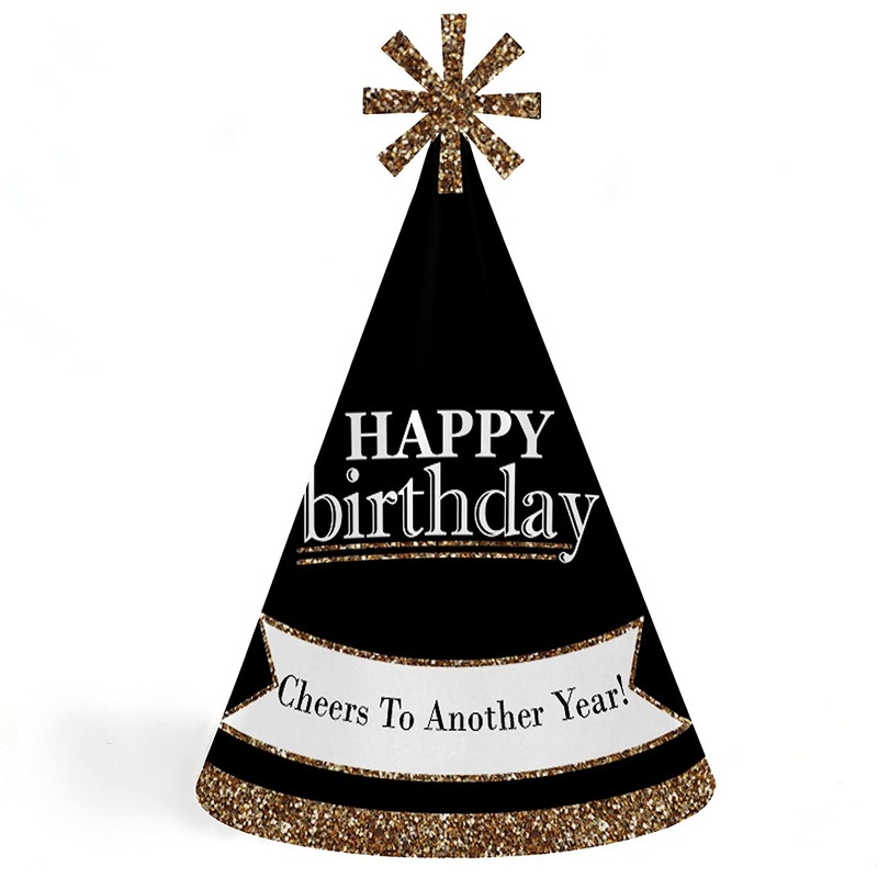 Adult Happy Birthday - Gold - Cone Birthday Party Hats for Kids and Adults - Set of 8