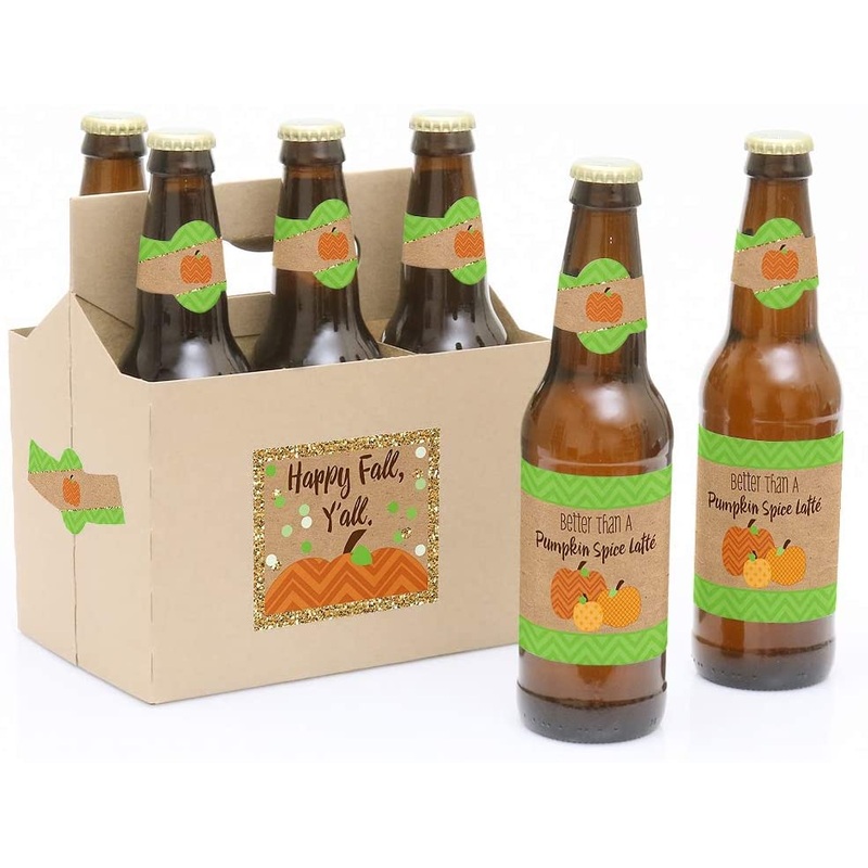 Pumpkin Patch - Fall, Halloween or Thanksgiving Party Decorations for Women and Men - 6 Beer Bottle Label Stickers and 1 Carrier