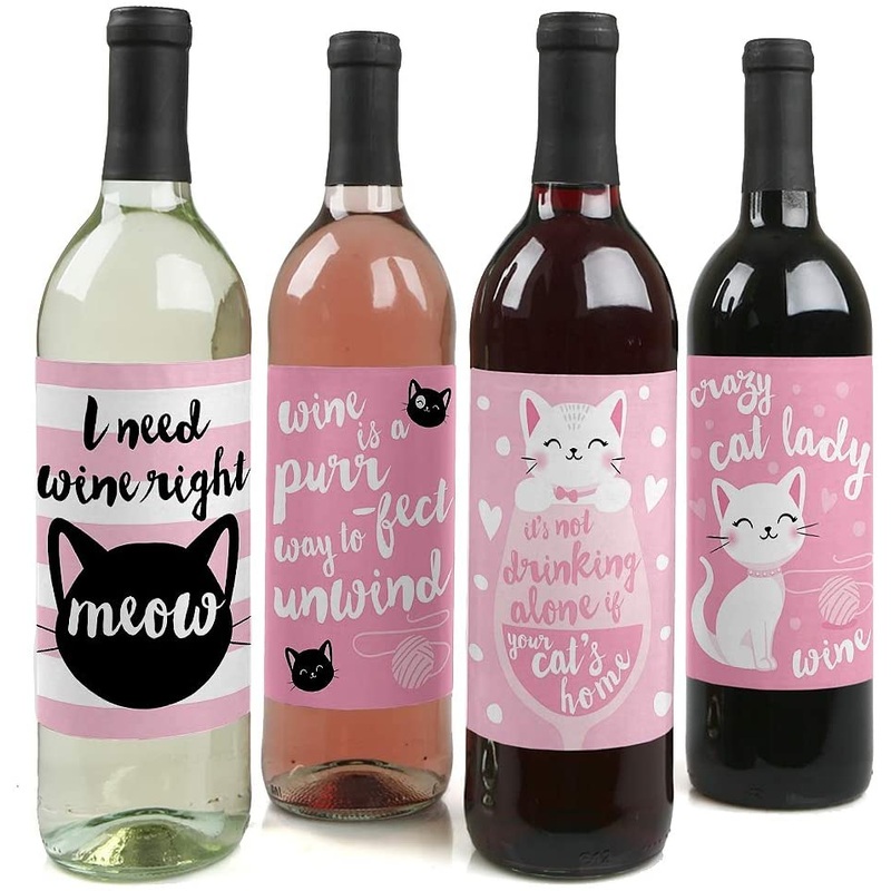 Purr-fect Kitty Cat - Kitten Meow Birthday Party Decorations for Women and Men - Wine Bottle Label Stickers - Set of 4