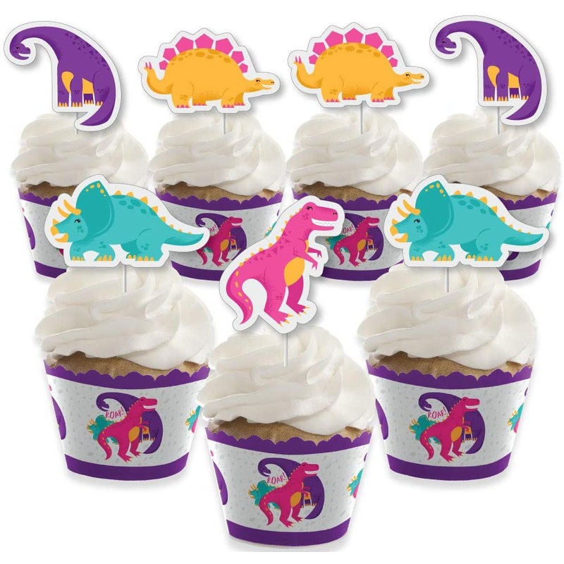 Roar Dinosaur Girl - Cupcake Decoration - Dino Mite Trex Baby Shower or Birthday Party Cupcake Wrappers and Treat Picks Kit - Set of 24