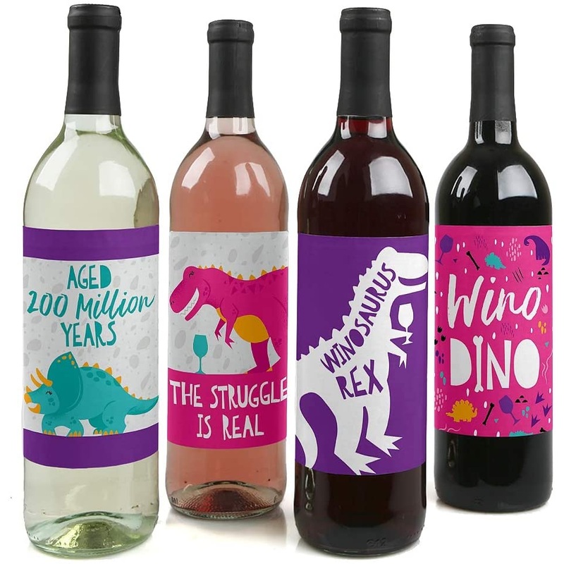 Roar Dinosaur Girl - Dino Mite T-Rex Party Decorations for Women and Men - Wine Bottle Label Stickers - Set of 4
