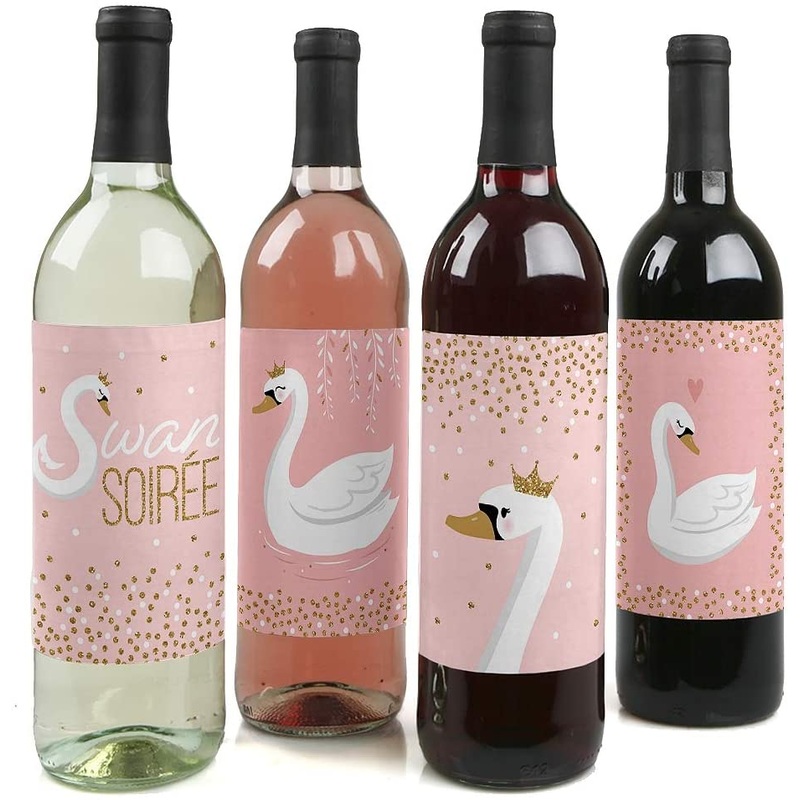 Swan Soiree - White Swan Baby Shower or Birthday Party Decorations for Women and Men - Wine Bottle Label Stickers - Set of 4