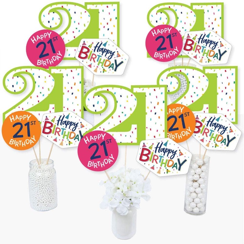 21st Birthday - Cheerful Happy Birthday - Colorful Twenty-First Birthday Party Centerpiece Sticks - Table Toppers - Set of 15