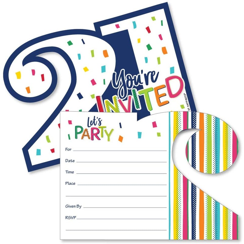 21st Birthday - Cheerful Happy Birthday - Shaped Fill-In Invitations - Colorful Twenty-First Birthday Party Invitation Cards with Envelopes - Set of 12