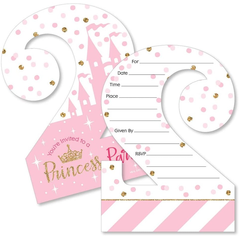 2nd Birthday Little Princess Crown - Shaped Fill-In Invitations - Pink and Gold Princess Second Birthday Party Invitation Cards with Envelopes - Set of 12