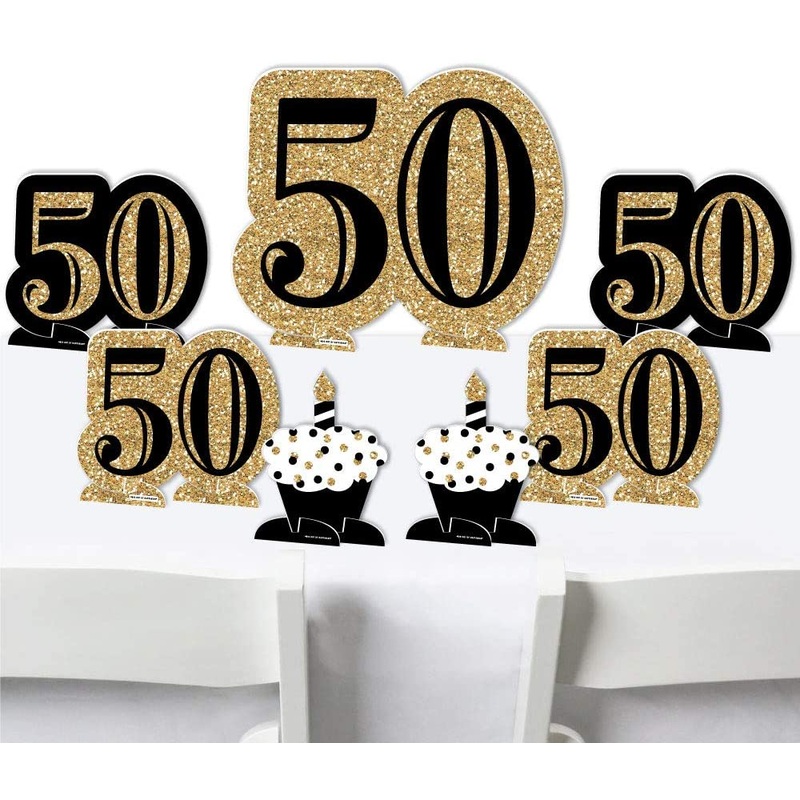 Adult 50th Birthday - Gold - Birthday Party Centerpiece Table Decorations - Tabletop Standups - 7 Pieces