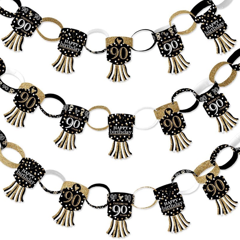 Adult 90th Birthday - Gold - 90 Chain Links and 30 Paper Tassels Decoration Kit - Birthday Party Paper Chains Garland - 21 feet