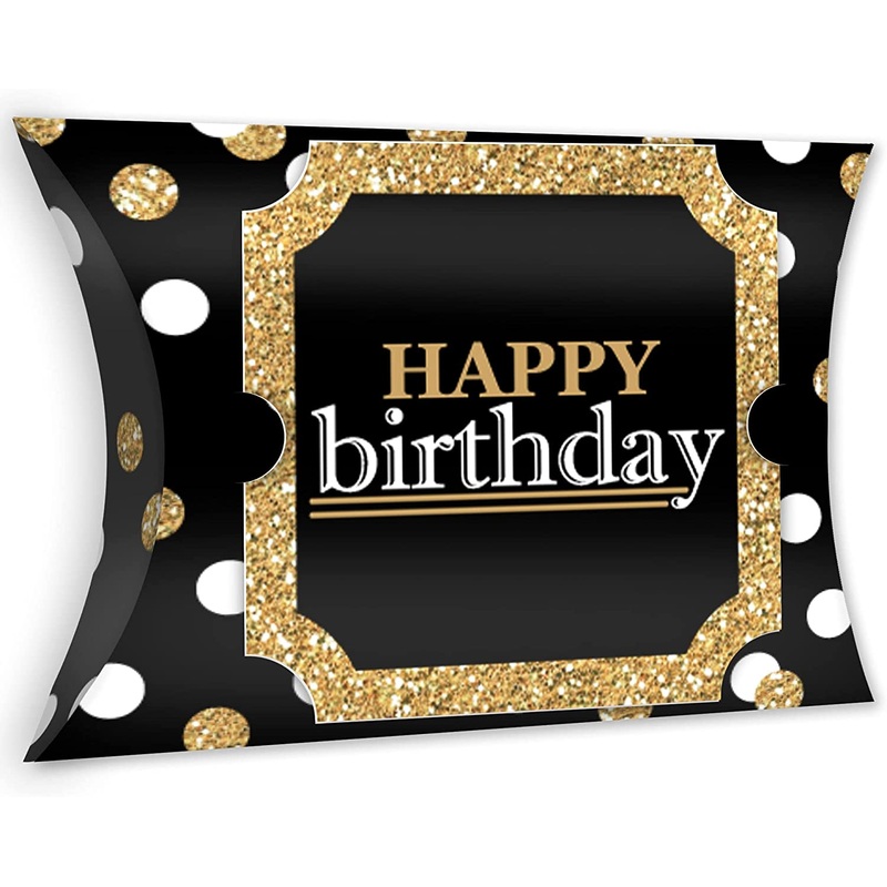 Adult Happy Birthday - Gold - Favor Gift Boxes - Birthday Party Large Pillow Boxes - Set of 12