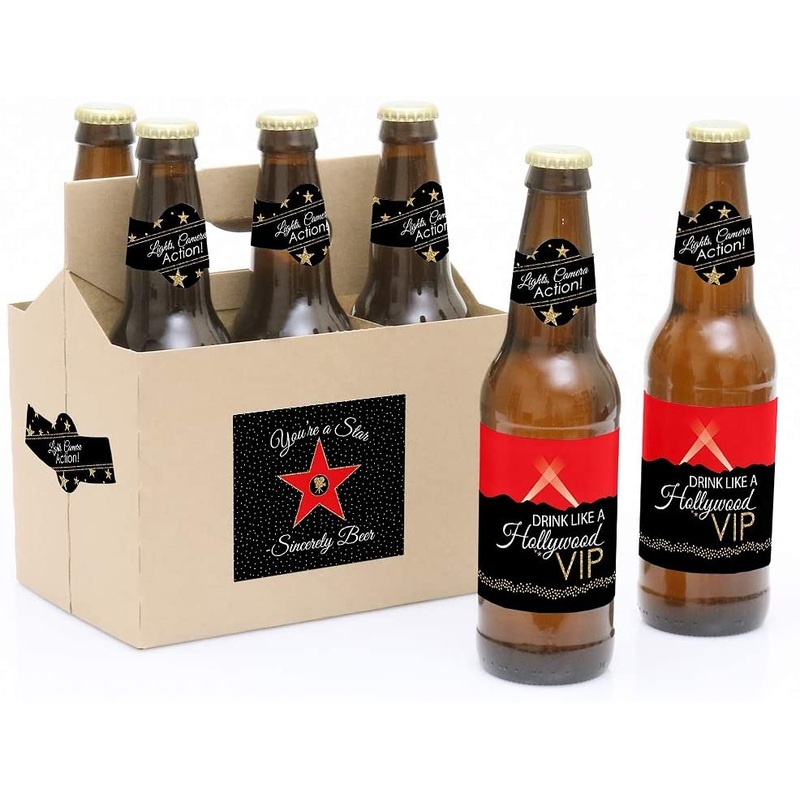 Red Carpet Hollywood - Movie Night Party Decorations for Women and Men - 6 Beer Bottle Label Stickers and 1 Carrier