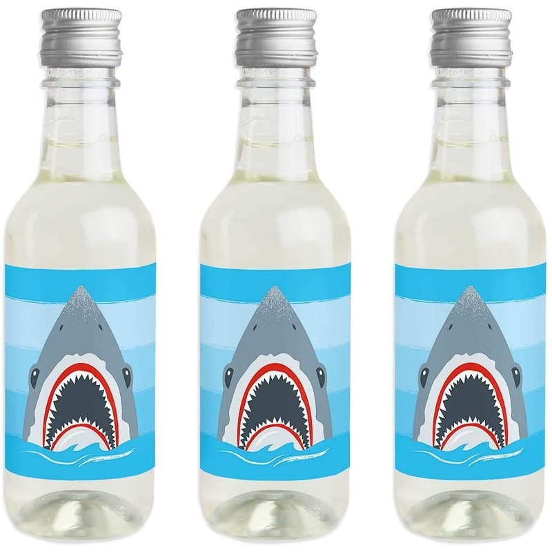 Shark Zone - Mini Wine and Champagne Bottle Label Stickers - Jawsome Shark Party or Birthday Party Favor Gift for Women and Men - Set of 16