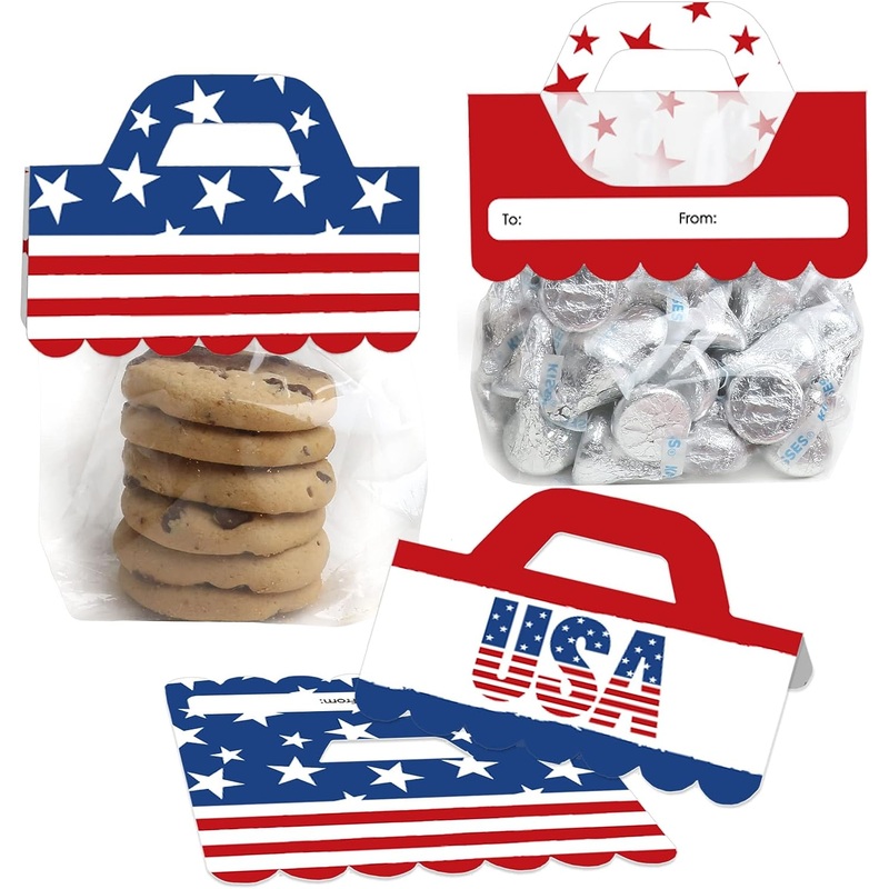 Stars and Stripes - DIY Patriotic Party Clear Goodie Favor Bag Labels - Candy Bags with Toppers - Set of 24