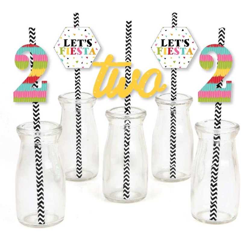 2nd Birthday Let's Fiesta - Paper Straw Decor - Mexican Fiesta Second Birthday Party Striped Decorative Straws - Set of 24