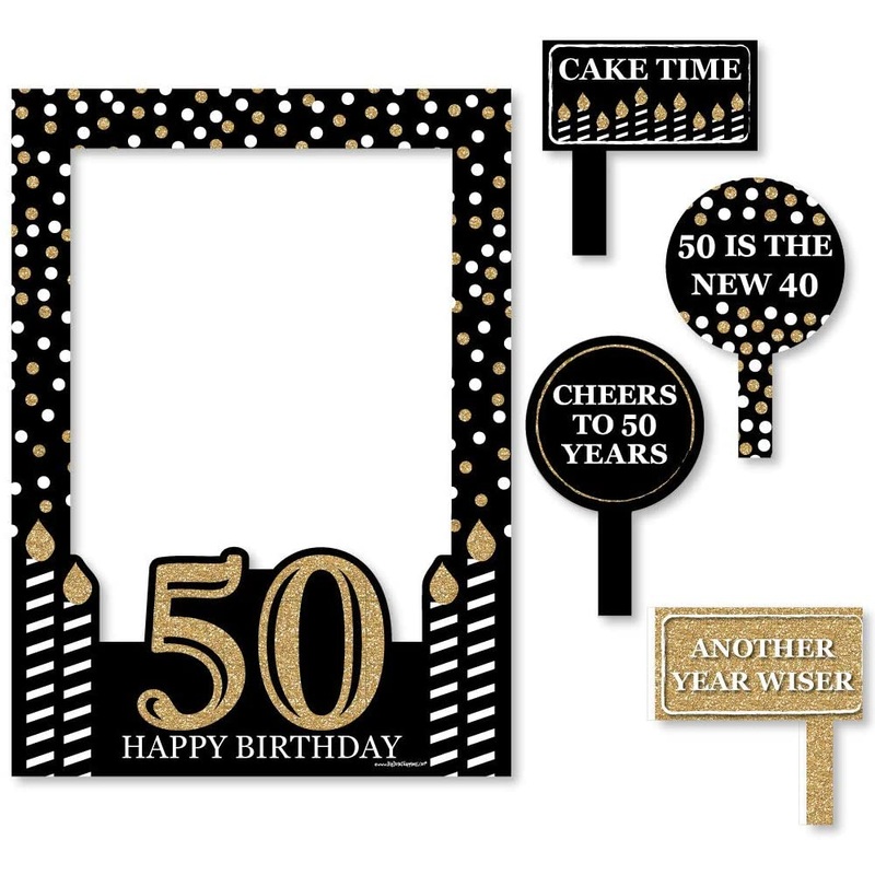 Adult 50th Birthday - Gold - Birthday Party Selfie Photo Booth Picture Frame & Props