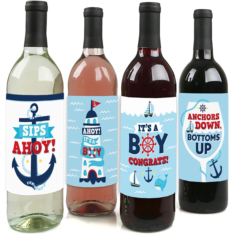 Ahoy Its a Boy - Nautical Baby Shower Decorations for Women and Men - Wine Bottle Label Stickers - Set of 4