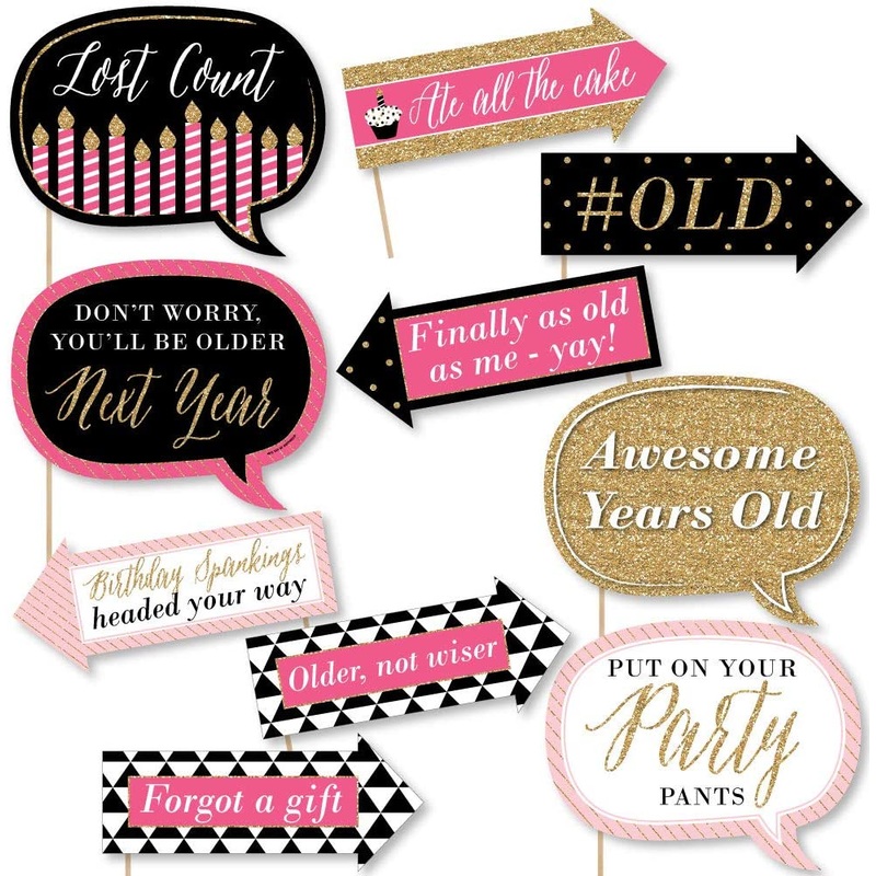 Funny Chic Happy Birthday - Pink, Black and Gold - Birthday Party Photo Booth Props Kit - 10 Piece