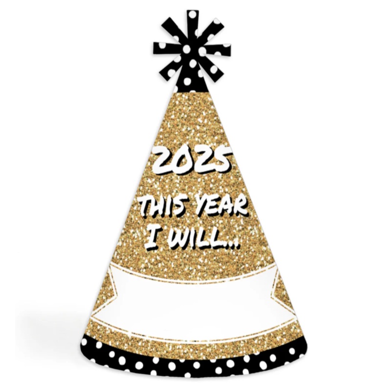 Pop, Fizz, Clink - Cone 2025 New Year's Eve Resolution Party Hats for Adults - Set of 8 (Standard Size)