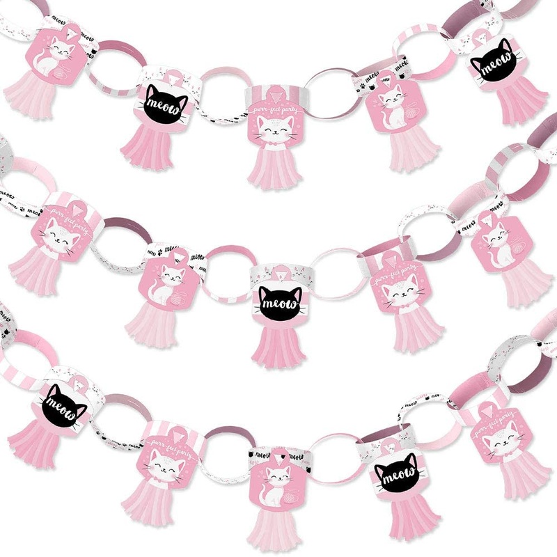 Purr-fect Kitty Cat - 90 Chain Links and 30 Paper Tassels Decoration Kit - Kitten Meow Baby Shower or Birthday Party Paper Chains Garland - 21 feet