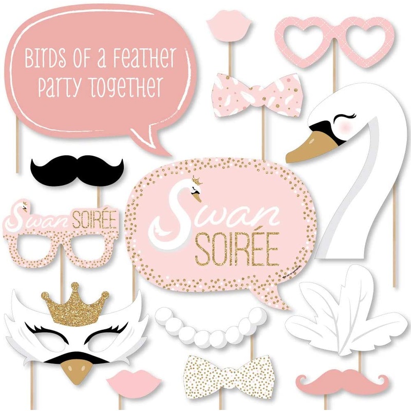 Swan Soiree - White Swan Baby Shower or Birthday Party Photo Booth Props Kit - 20 Count